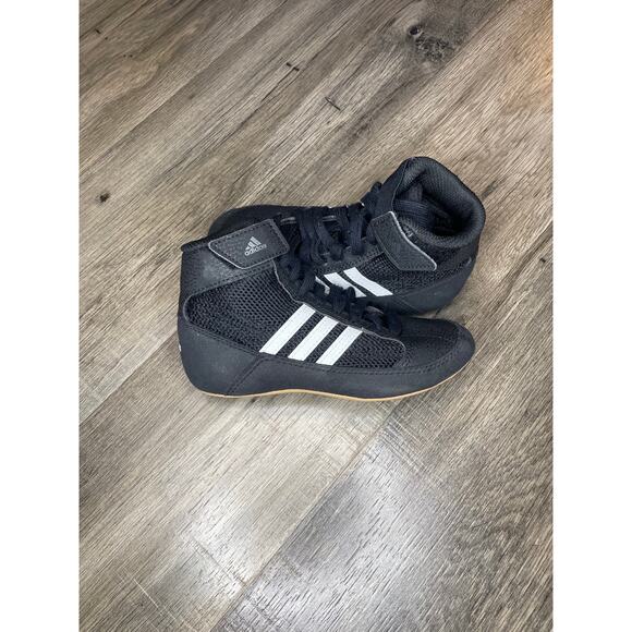 Adidas HVC 2 Wrestling Shoe Youth size 11 Lace Up Strap EUC Black White Stripws - Picture 1 of 8